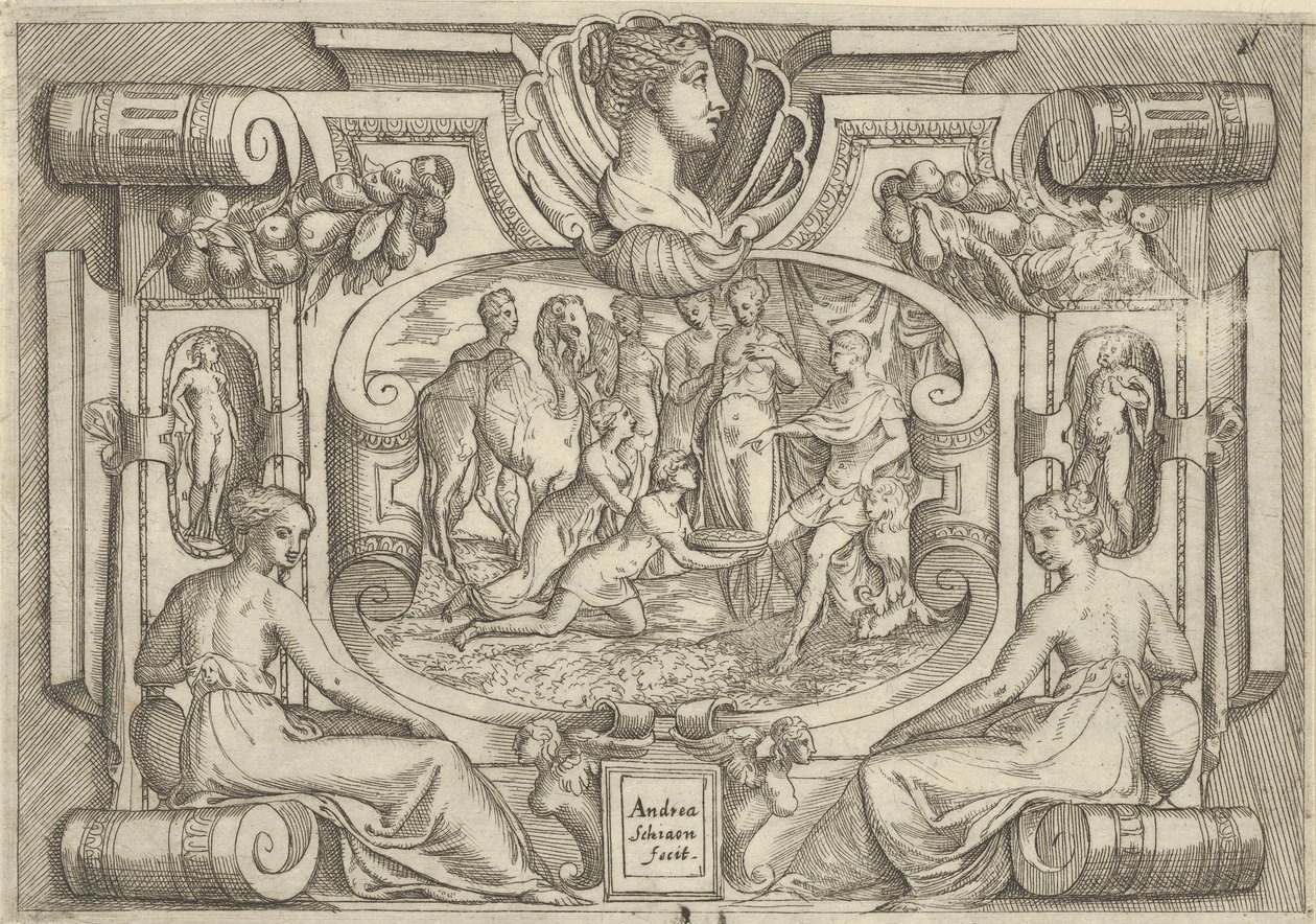 Muž a žena nabízející mísu mincí králi sedícímu na trůnu, zasazeném do..., ca. 1540-80. od Battista del Moro