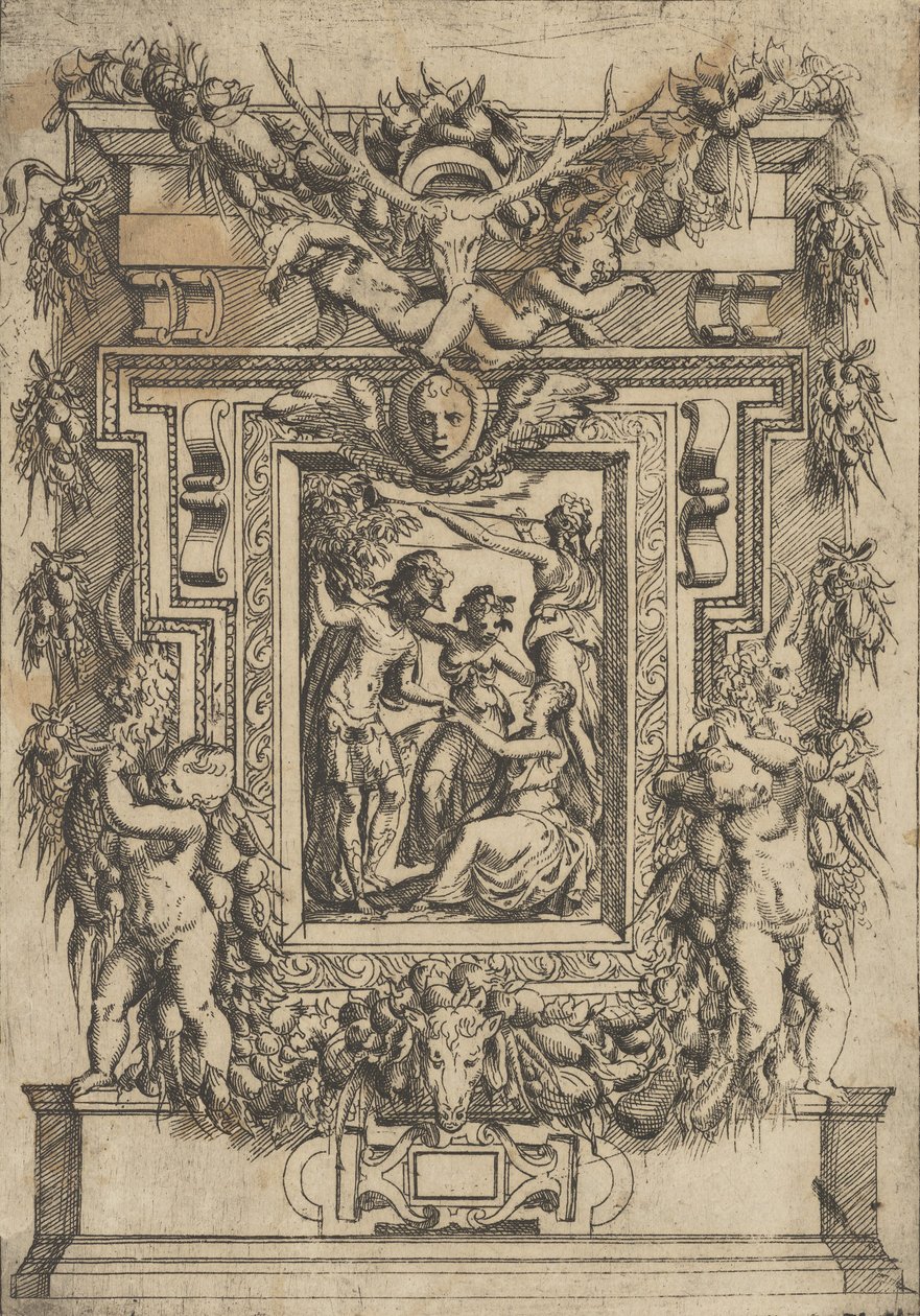 Mladý muž podává ruku sedící ženě, další žena stojí mezi nimi a..., ca. 1540-80. od Battista del Moro