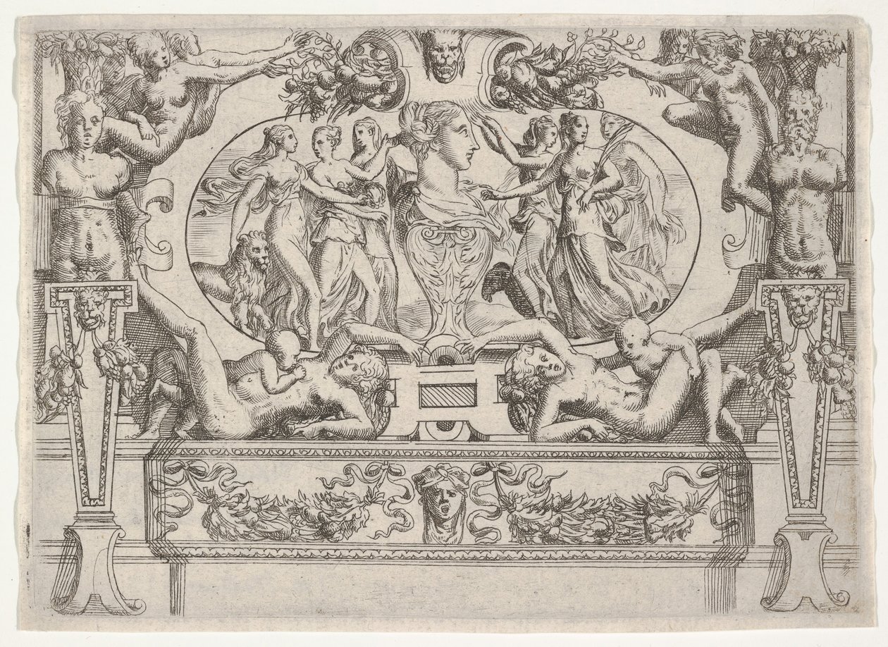 Busta ženy lemovaná třemi ženami na každé straně, zasazená do propracovaného rámu, ca. 1540-80. od Battista del Moro
