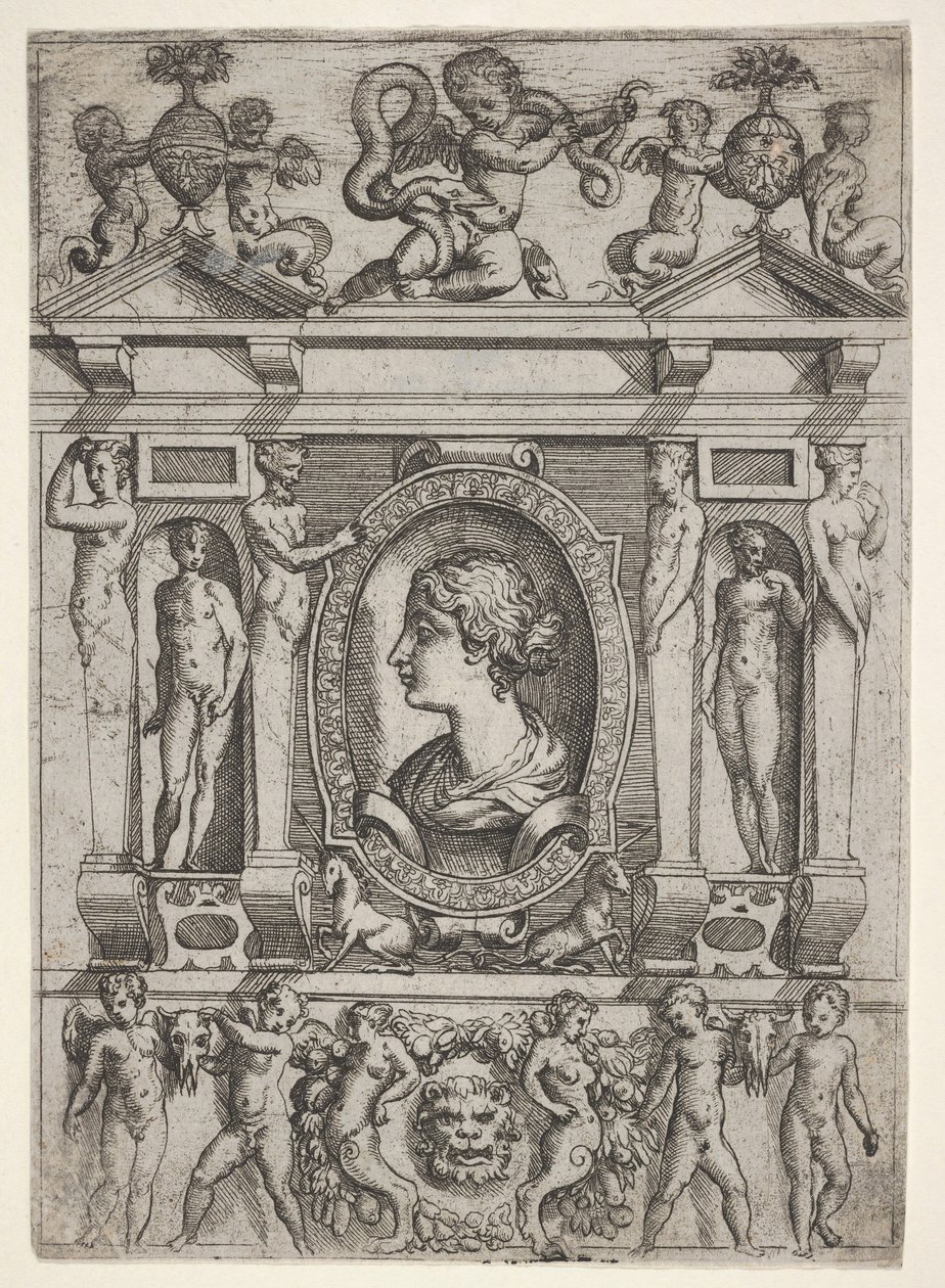 Busta ženy z profilu vlevo, zasazená do propracovaného rámu s postavami v n..., ca. 1540-80. od Battista del Moro
