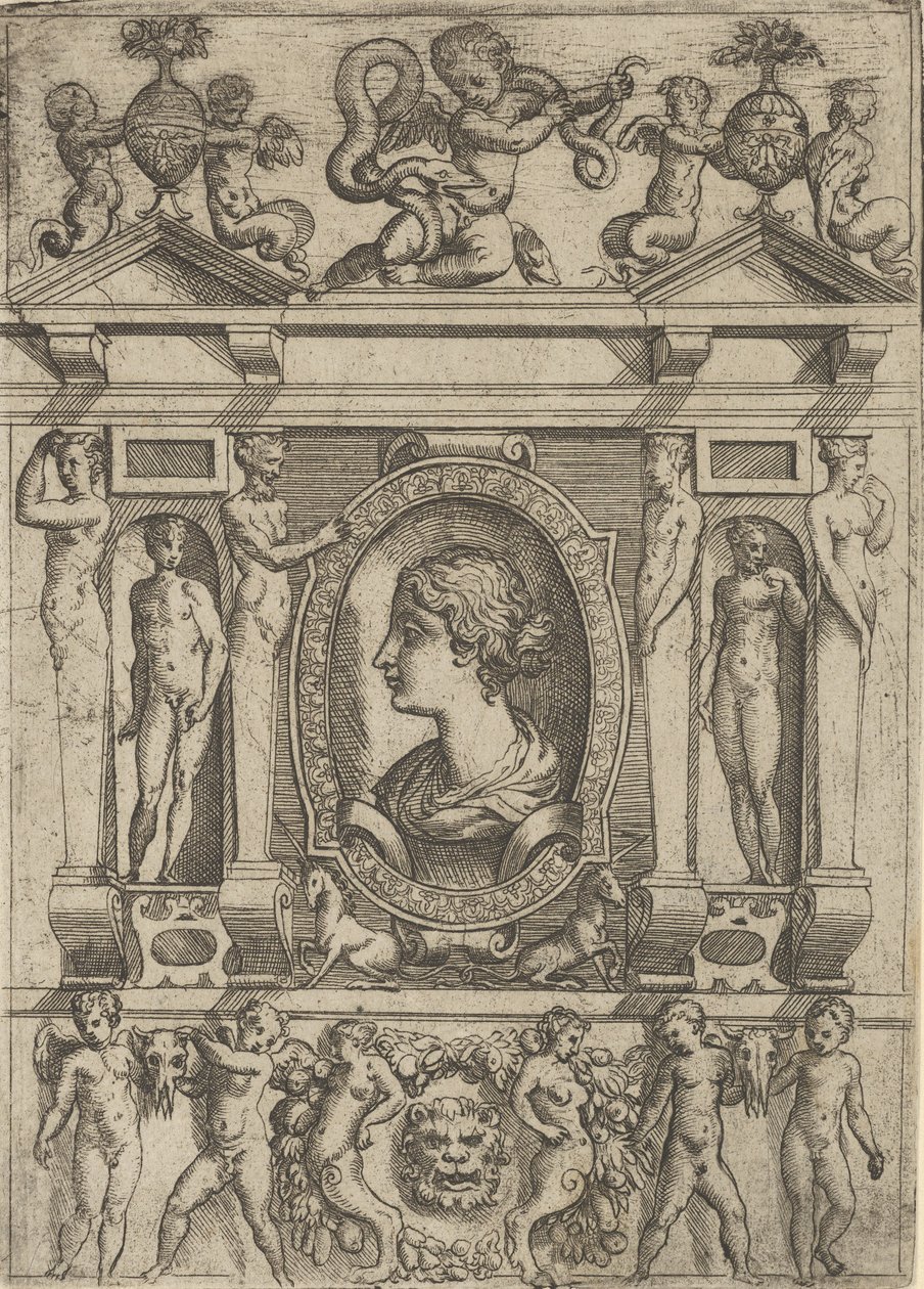 Busta ženy z profilu vlevo, zasazená do propracovaného rámu s postavami v n..., ca. 1540-80. od Battista del Moro