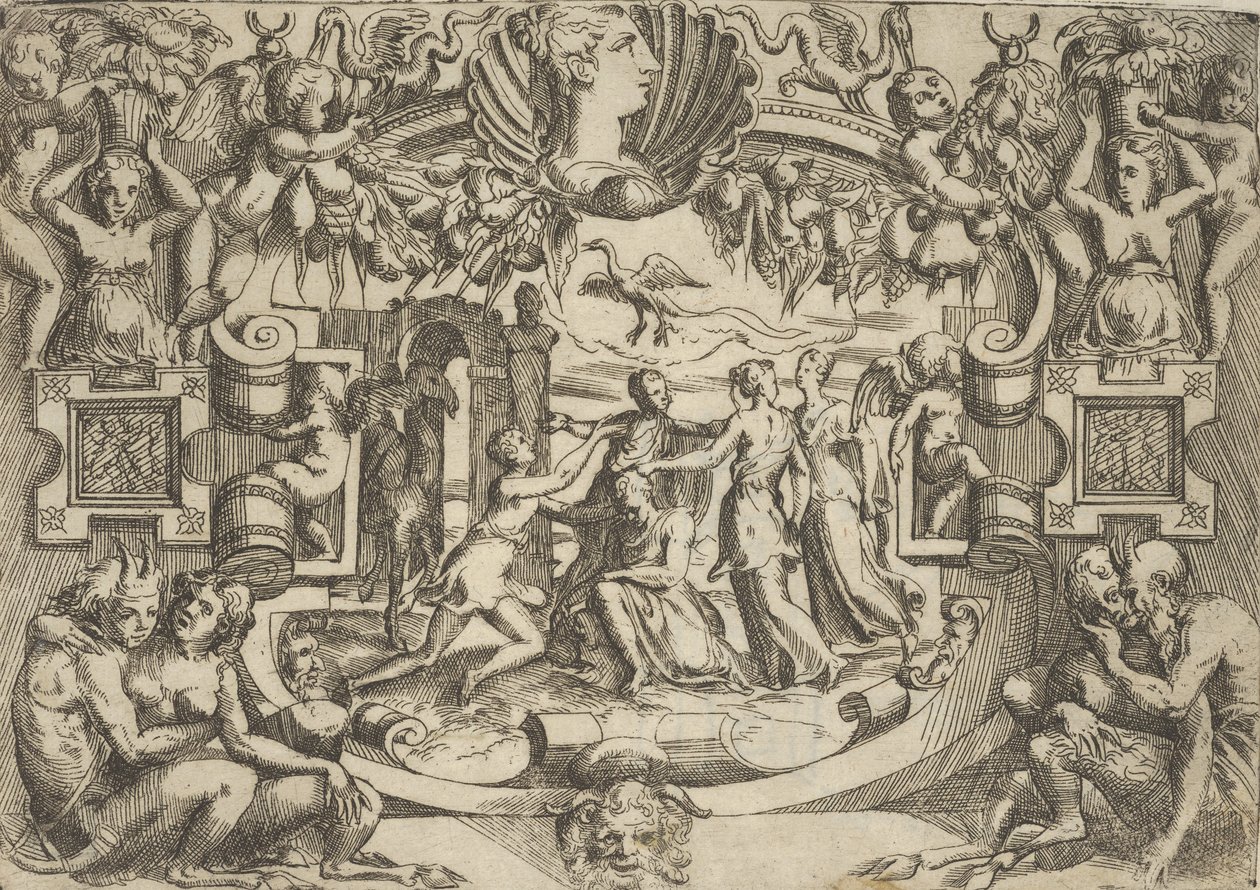 Čtyři ženy obklopující sedící postavu, nad nimi pták, zasazené do propracovaného ..., ca. 1540-80. od Battista del Moro
