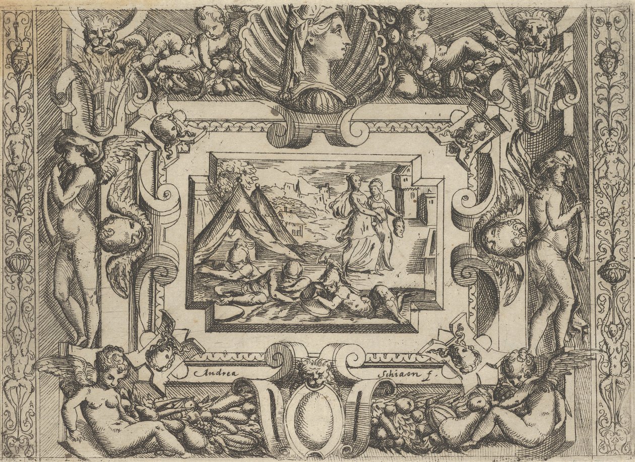 Judita a služebná s hlavou Holoferna, zasazená do propracovaného rámu, c..., cca 1540-80. od Battista del Moro