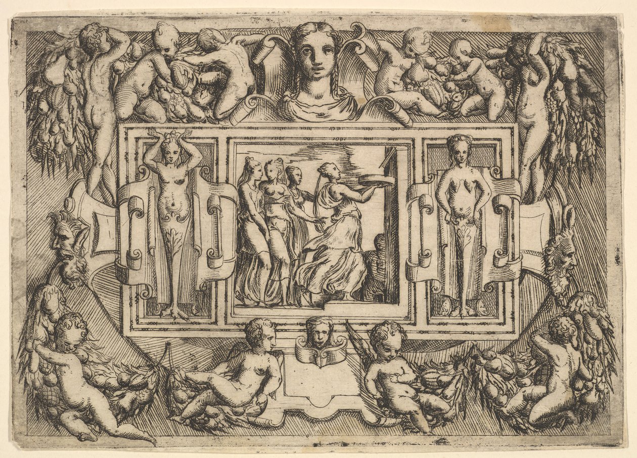 Kumejská sibyla kráčející doprava a nesoucí tác, následovaná třemi ženami..., ca. 1540-80. od Battista del Moro