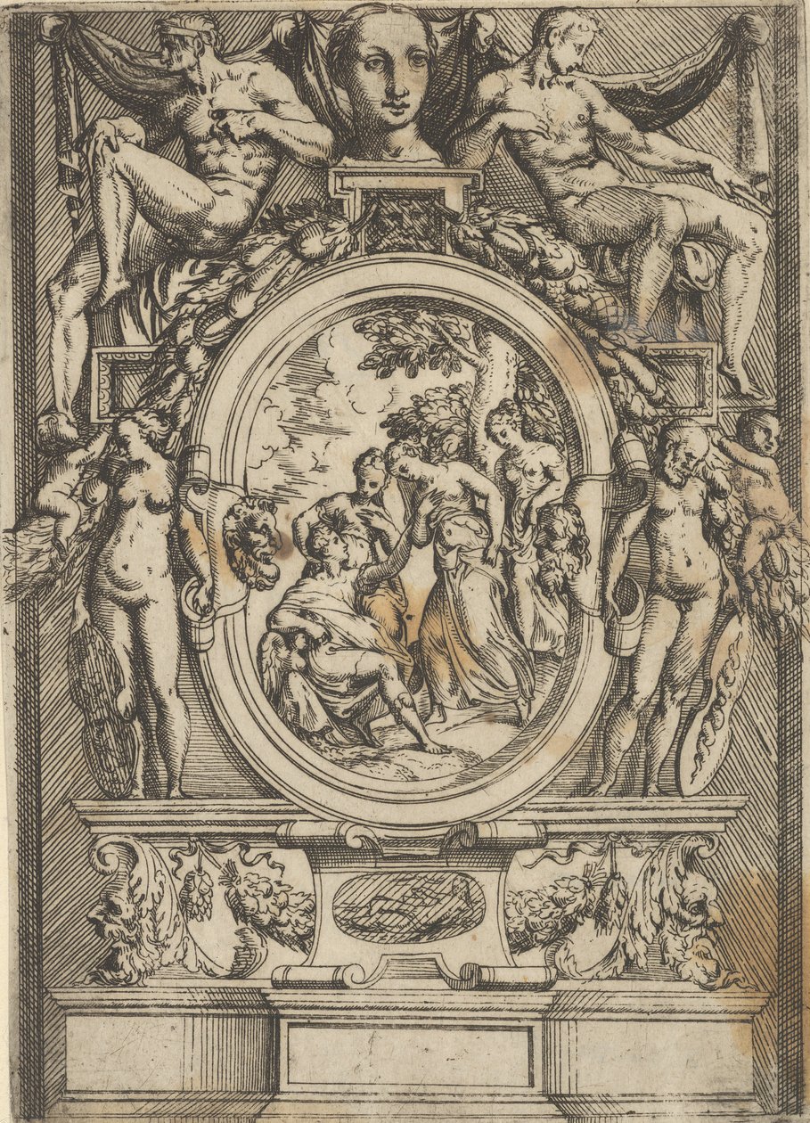 The Judgment of Paris, muž sedící vlevo se natahuje k ženě, která je lemována ..., ca. 1540-80. od Battista del Moro
