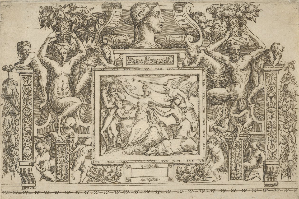 Žena sedící s nataženýma rukama, zosobnění slávy s trubkou vpravo,..., ca. 1540-80. od Battista del Moro