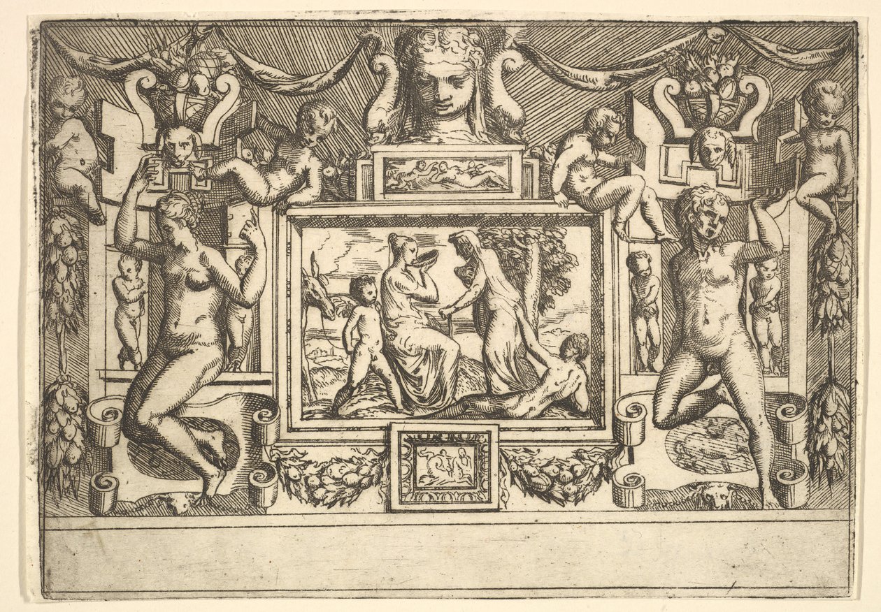 Mladá žena pije z misky, stará žena stojící před ní, zasazená do..., ca. 1540-80. od Battista del Moro