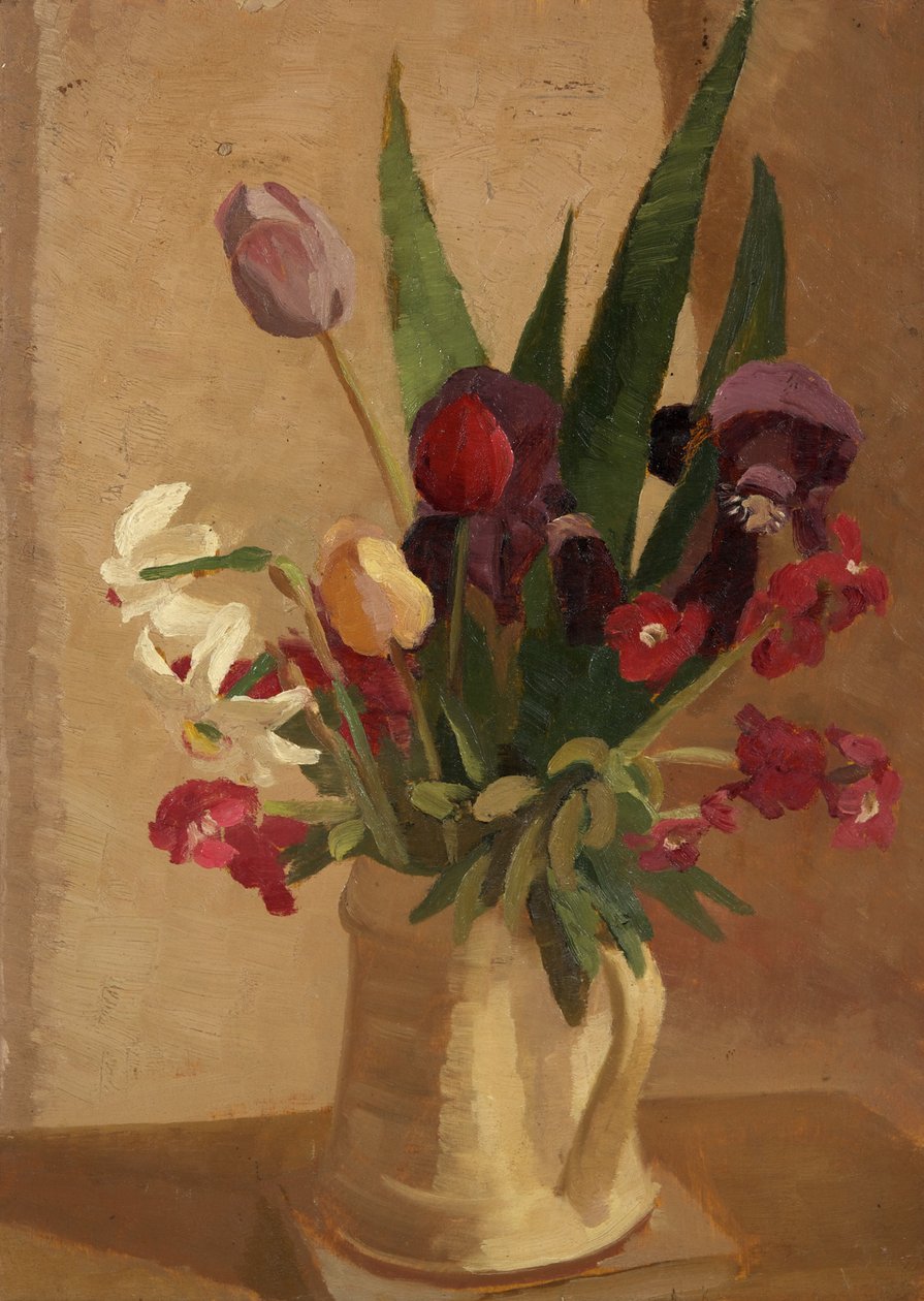 Tulipány, Wallflowers a Narcissus (olej na palubě) od Beatrice H. Budgett
