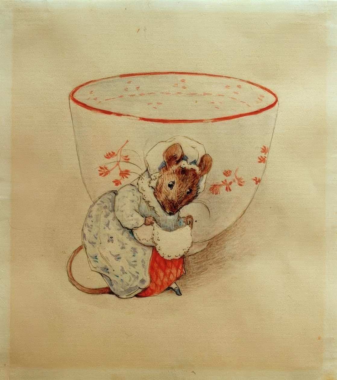 Frau Maus se ukloní před šálkem čaje od Beatrix Potter