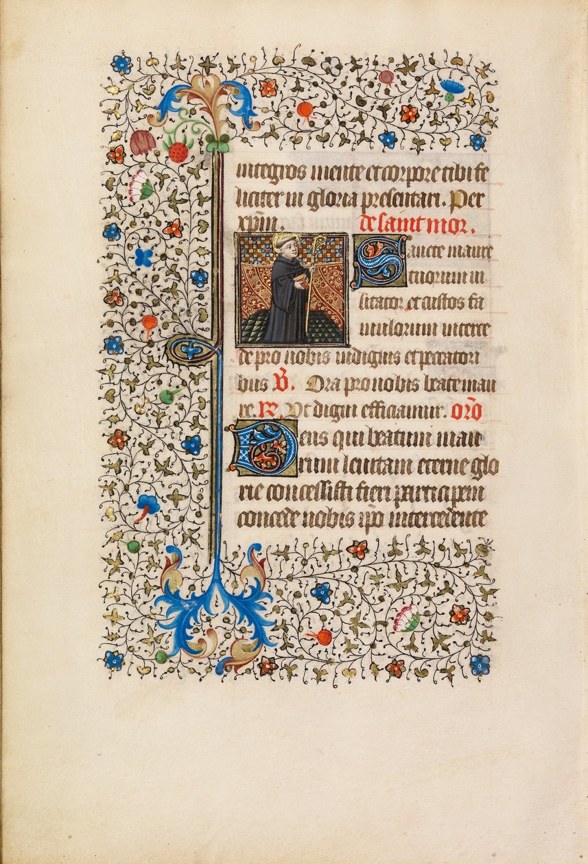 Opat Maurus s holí a knihou, kolem 1440-50 (tempera, plátkové zlato, barva a inkoust na pergamenu) od Bedford Master Workshop
