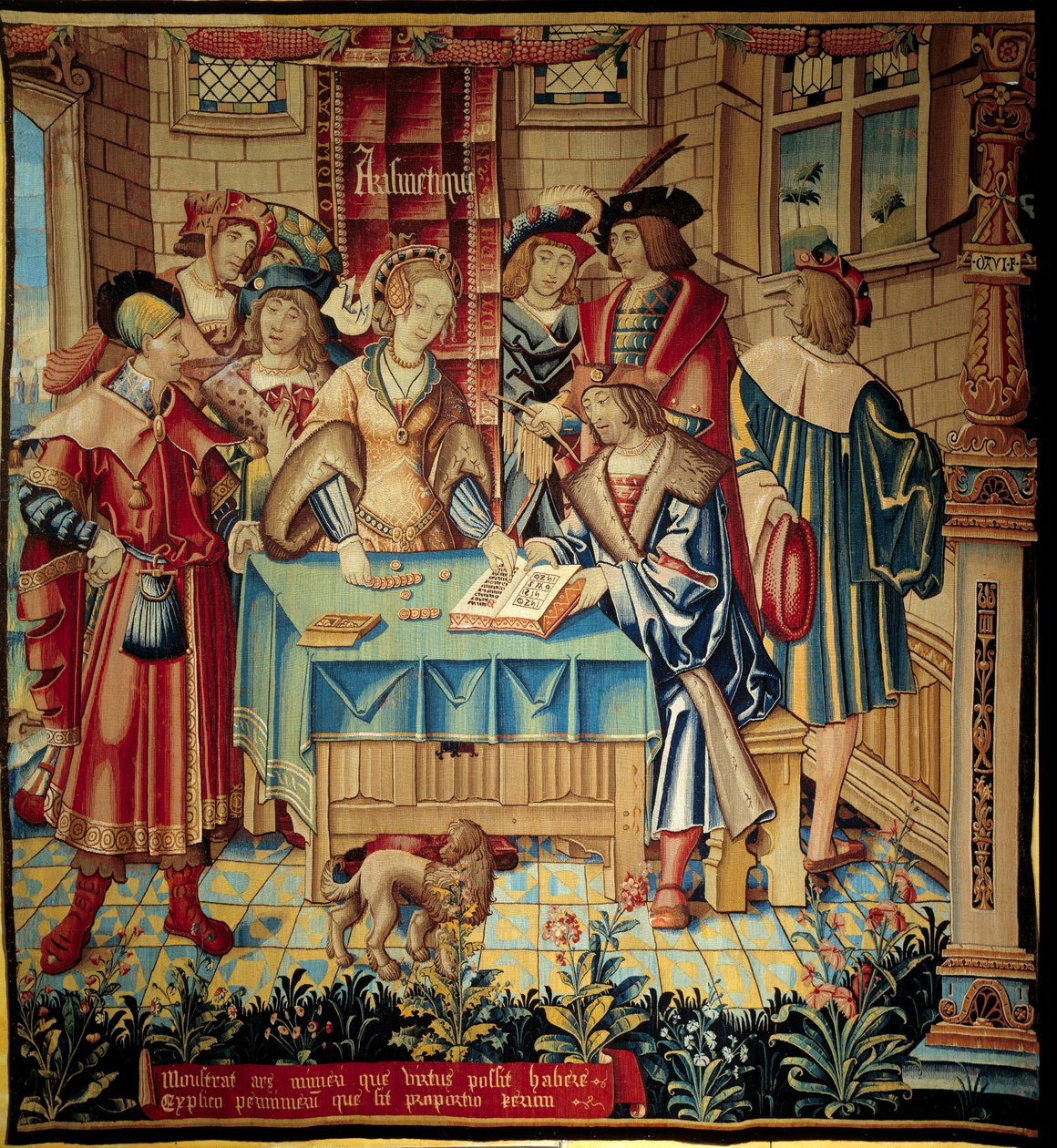 Opona ilustrující svobodná umění: Aritmetika. Vlněný a hedvábný gobelín vyrobený kolem roku 1520 v Tournai. Slunce 3,1x2,9 m Paříž, národní muzeum středověku, Thermes de Cluny od Belgian School