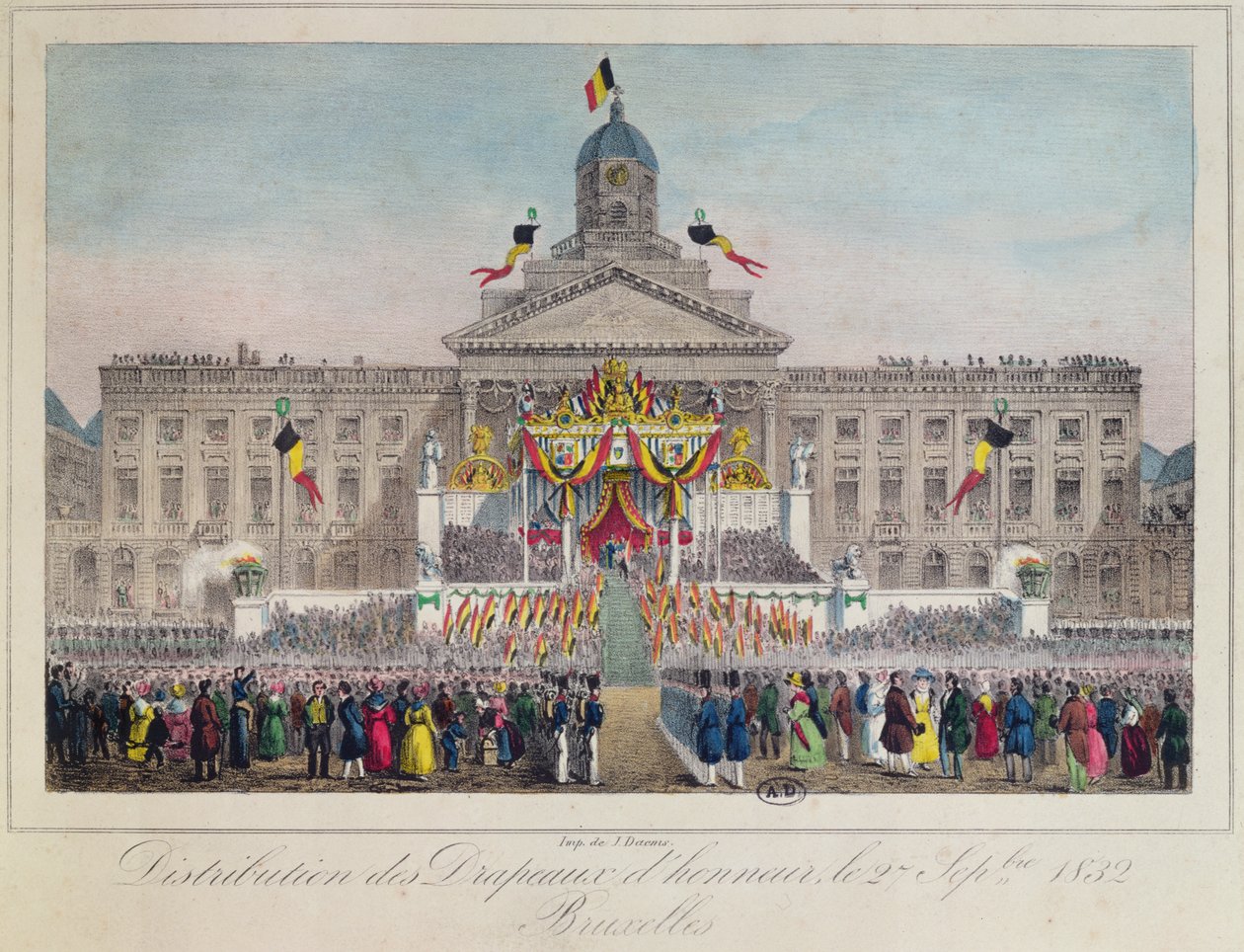 Rozdávání čestných vlajek v Bruselu 27. září 1832, 1832 (barevná rytina) od Belgian School