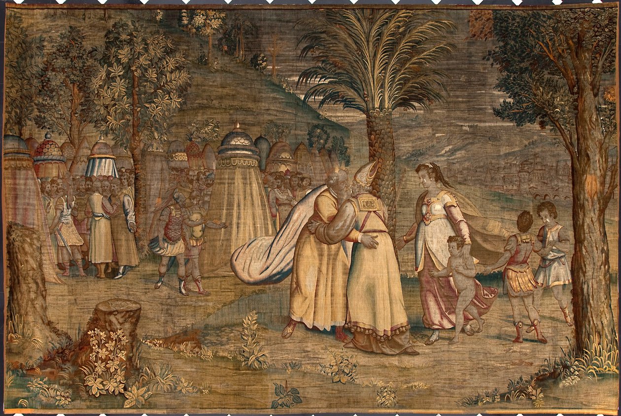Jethro doprovázel svou dceru Seforu a své děti, které se setkaly s Moisem Gobelín od Dionýsa Martenze podle kartonu Luky Cambiasa (1527-1584) vyrobený bruselskými manufakturami. od Belgian School
