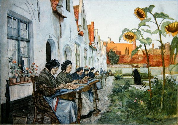 Krajkářky v zahradě domova důchodců v Bruggách od Belgian School