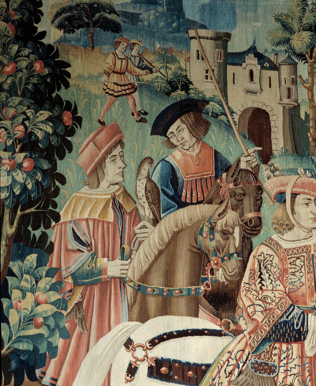 Středověk: počátek lovu sokola na koni. Detail tapiserie z hedvábí a vlny z počátku 16. století. Z Hainautu. Paříž, Národní muzeum středověku, Thermes de Cluny. od Belgian School