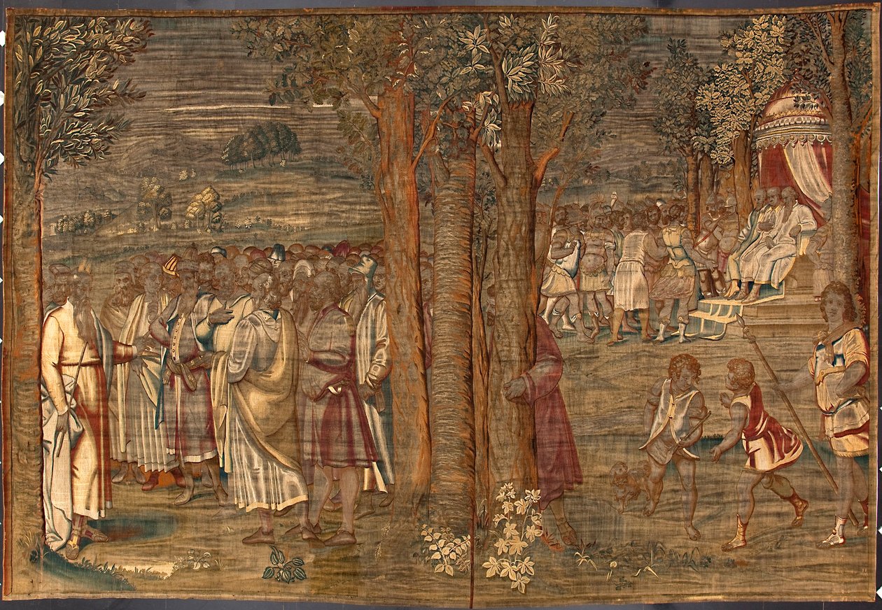 Moise zakládá gobelín Spravedlnost od Dionýsa Martenze podle kartonů Luky Cambiasa (1527-1584) a zhotovený v bruselských manufakturách 1561-1564 Dim. 392,5x220,5 cm Ženeva, Musei di Strada Nuova od Belgian School