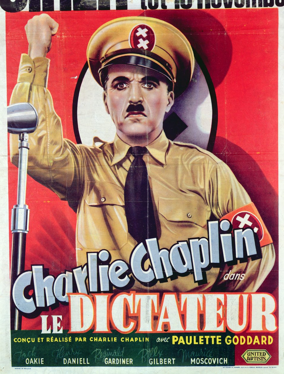 Plakát s reklamou na „Velký diktátor“ Charlieho Chaplina, poprvé vydaný v roce 1940, kolem roku 1945 (barevné lito) od Belgian School