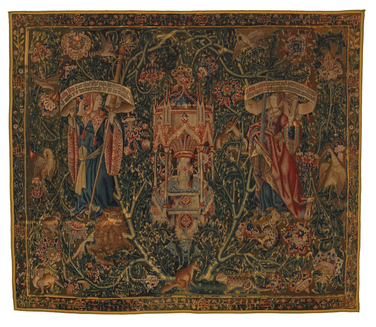 Tapestry, Sibylla Libya ja Europa (yksi kuudesta Sibyllasta, sisältää 46.134-46.139), nimeltään "Rothamsted Tapestries", valmistettu Flanderissa, Tournaissa tai Brysselissä, Belgiassa, noin 1530 (villa) od Belgian School