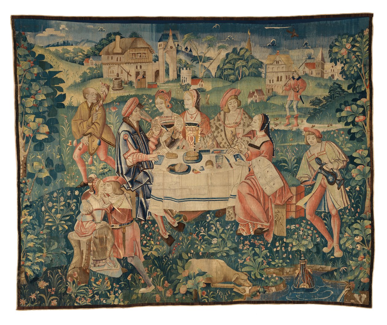 Tapiserie zobrazující banket pod širým nebem nebo jídlo pod širým nebem v zahradě lásky, z Tournai, kolem roku 1510 (vlna a hedvábí) od Belgian School