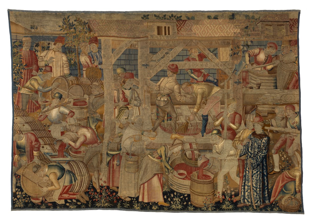 Tapiserie zobrazující lisy na víno, z Tournai, kolem 1460-70 (vlna) od Belgian School