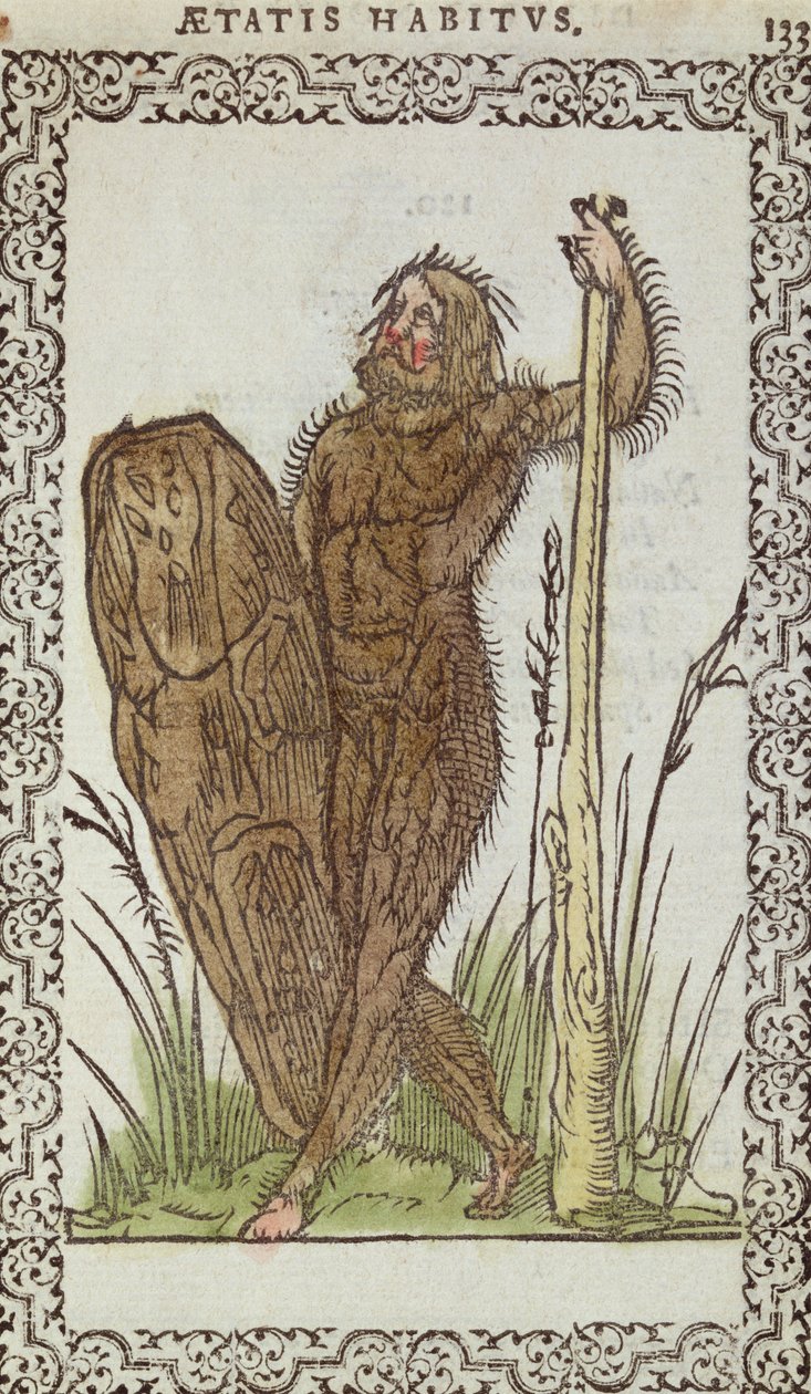 Divoký muž, ilustrace z The Habits and Portraits of Nearly All Nations and Contemporary Nations od Jeana Sluperjiho, Antverpy, 1572 (barevný dřevoryt) od Belgian School