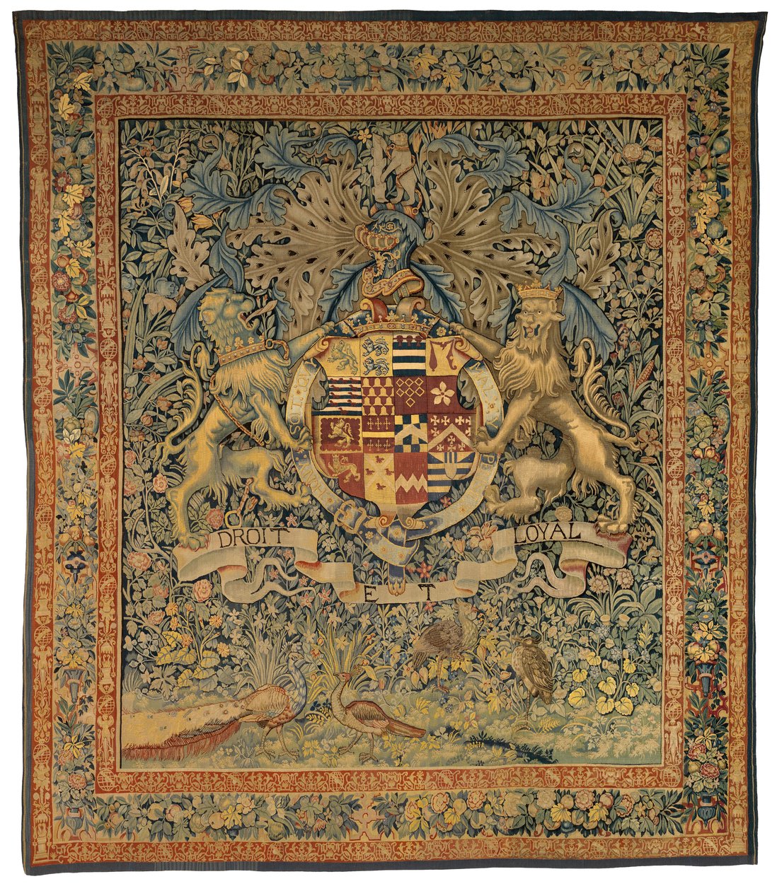 Zelený gobelín s pažemi Roberta Dudleyho, hraběte z Leicesteru (jeden z páru s 47,1), vyrobený ve Flandrech v Belgii, cca 1570-85 (vlna a hedvábí) od Belgian School