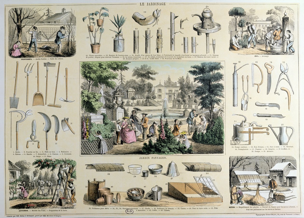 Vzdělávací vyobrazení zahradničení s ilustracemi zahradního nářadí a scénami zobrazujícími vhodné činnosti pro každé roční období (barevné rytí) od Belin and Bethmont
