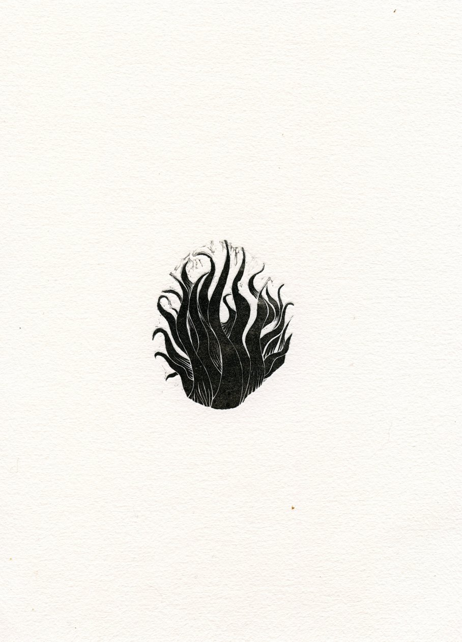 Oheň, 2017, (dřevoryt na papíře) od Bella Larsson