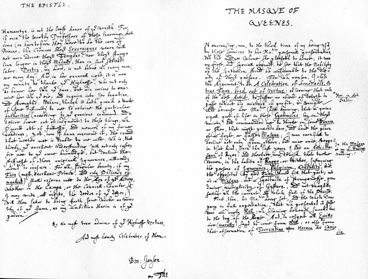 Maska královen a dedikační list Jindřichovi, princi z Walesu, 1609 od Ben Jonson