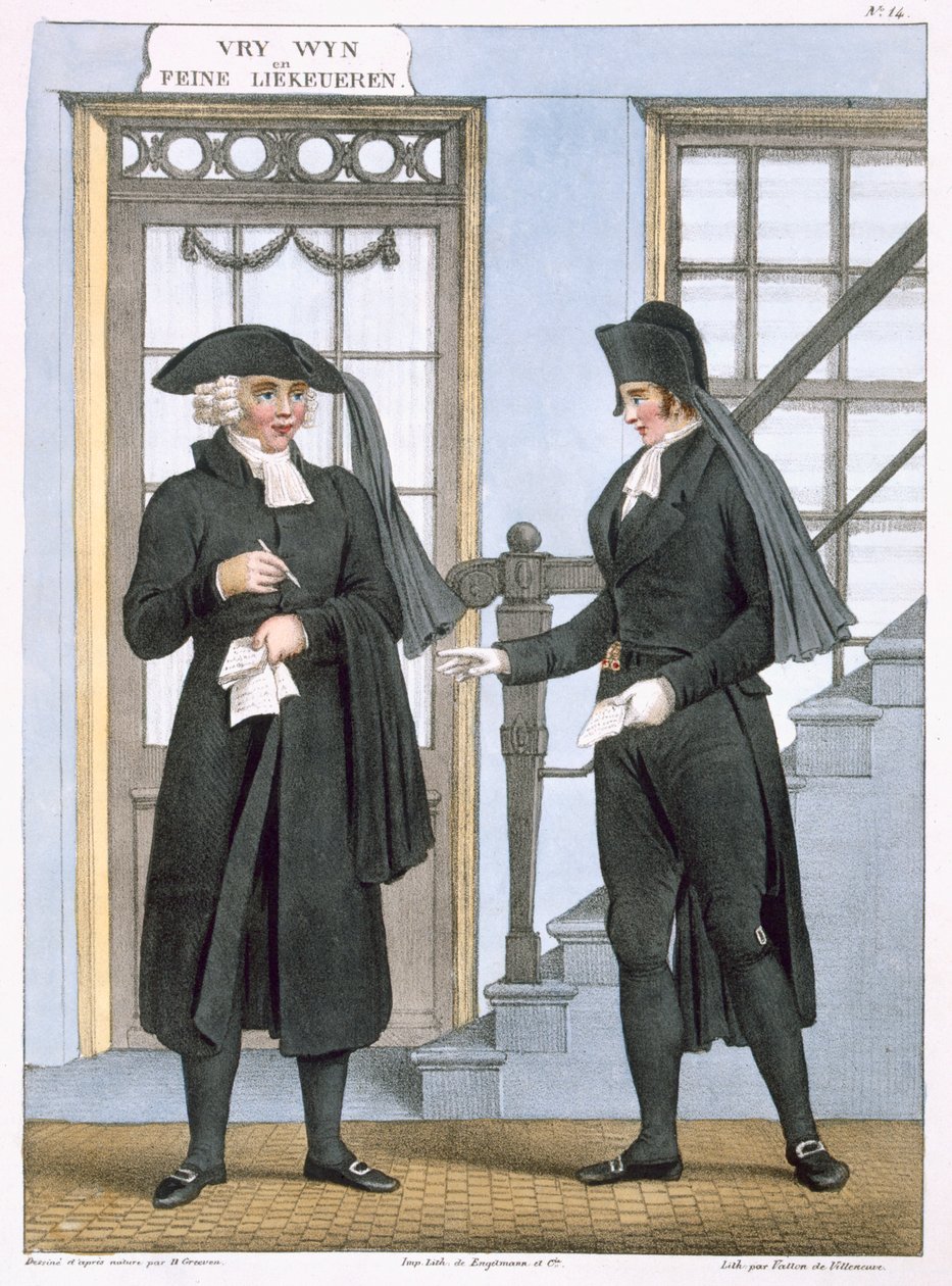 Pohřební úředníci v Amsterdamu, ilustrace ze „Sbírek kostýmů severních provincií Nizozemského království...“ vyryté Villeneuvem, 1828 od Bendrik Greeven