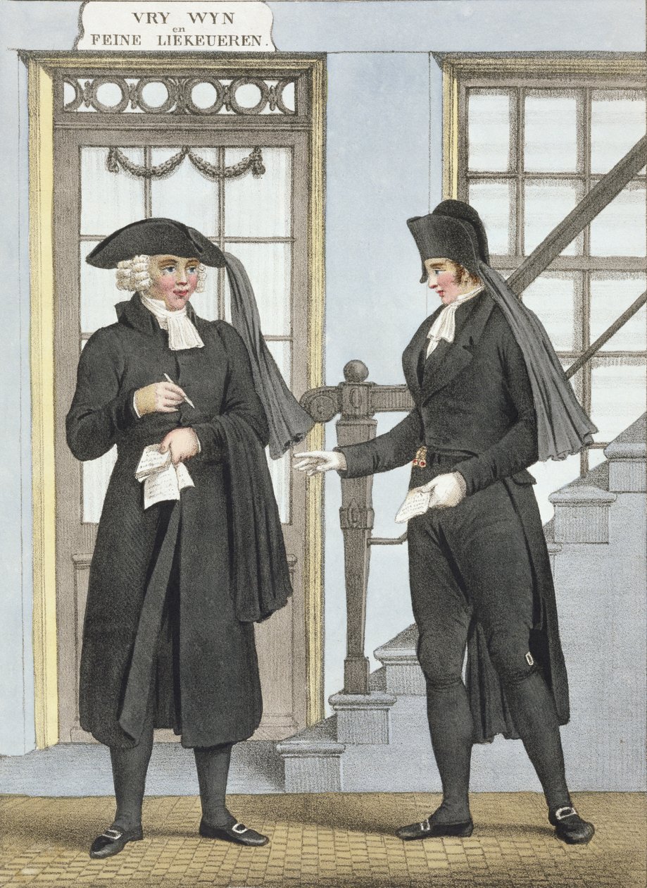 Pohřební úředníci v Amsterdamu, ilustrace ze „Sbírek kostýmů severních provincií Nizozemského království...“ vyryté Villeneuvem, 1828 od Bendrik Greeven