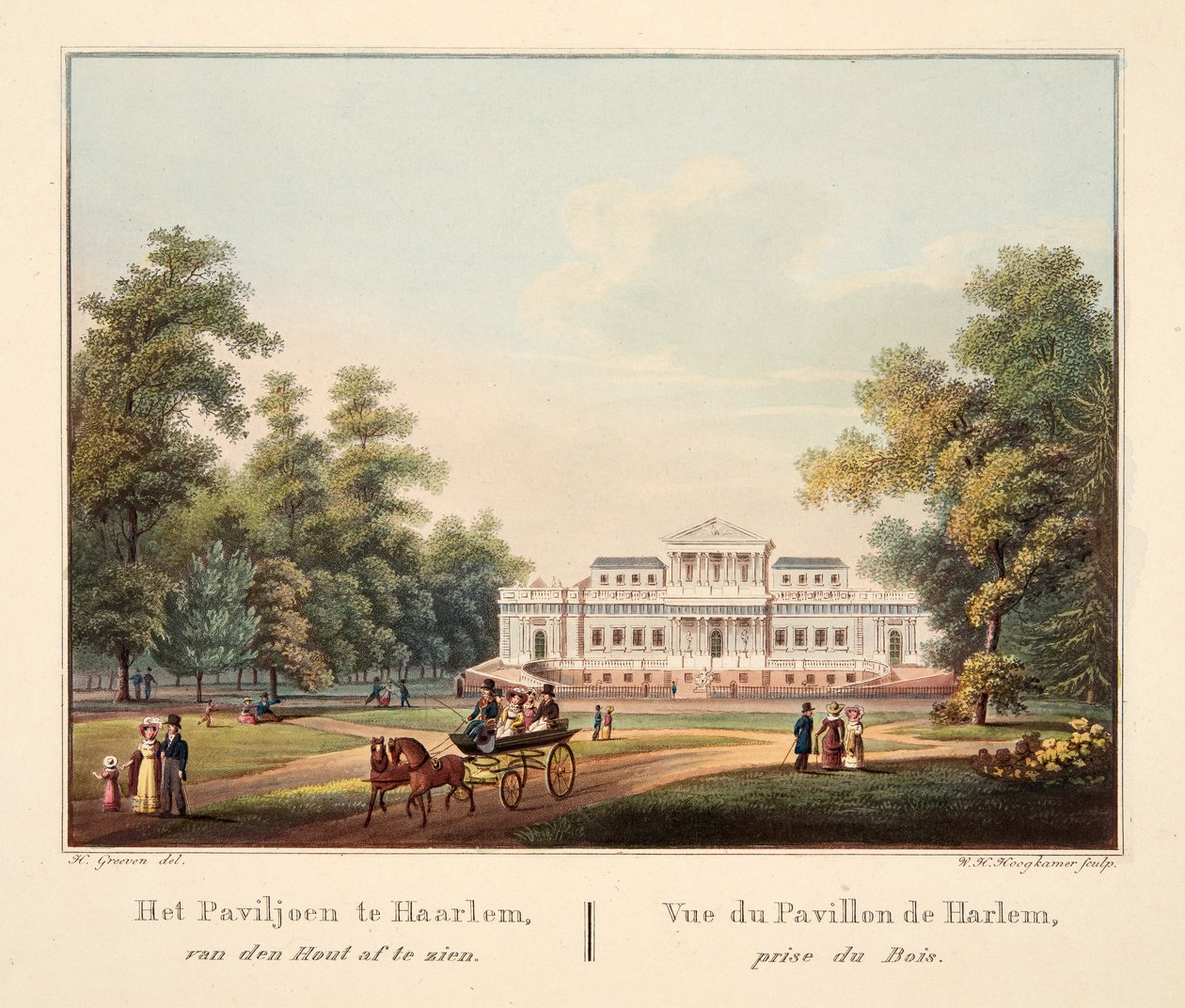 Pavilon v Jaarlemu, při pohledu z van den Hout. Vue du Pavillon de Harlem, prize du Bois, 1825 (ručně kolorovaná rytina) od Bendrik Greeven