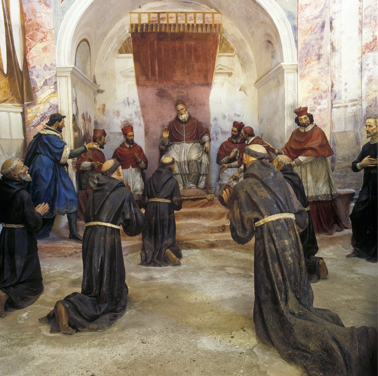 Svatý František z Assisi a františkánská komunita obdrželi schválení prvního řádu papežem Inocencem III. (1160-1216) v roce 1210 (freska) od Benedetto (1580 1630) Crespi