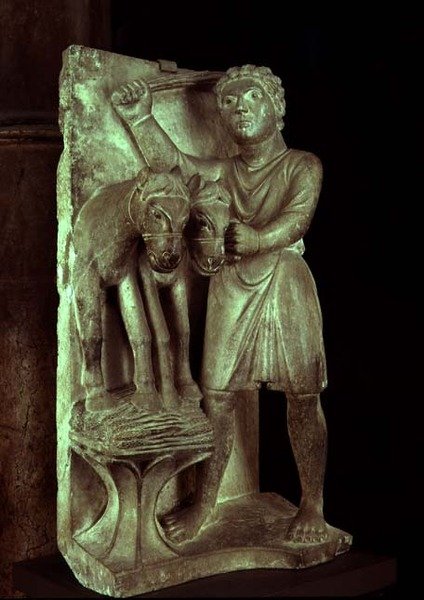Mlátit pšenici: Červenec ze sochařského kalendáře Práce měsíců, cca 1200 (kámen) od Benedetto Antelami