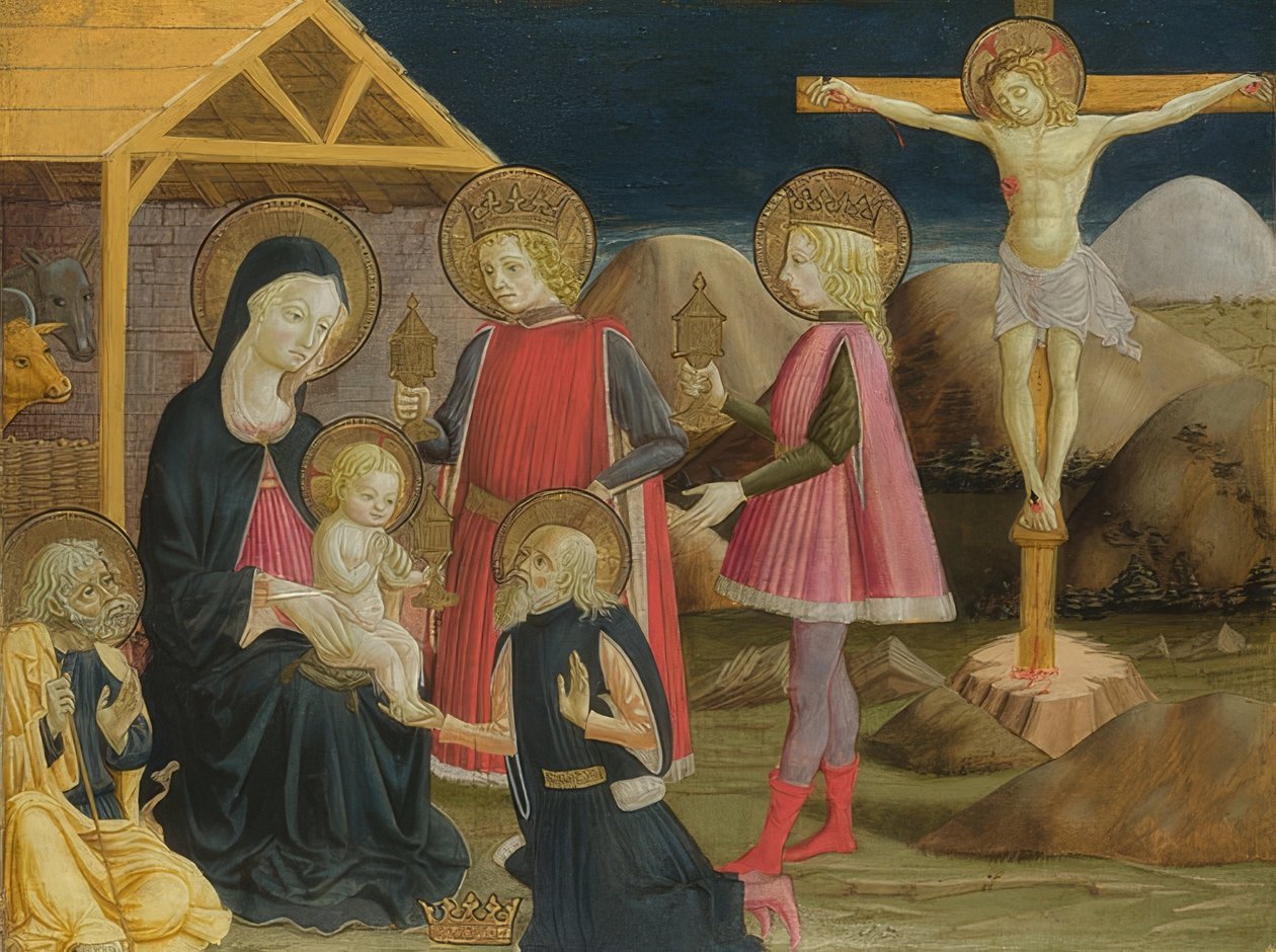 Klanění tří králů a ukřižování. Kolem 1465-75 od Benedetto Bonfigli