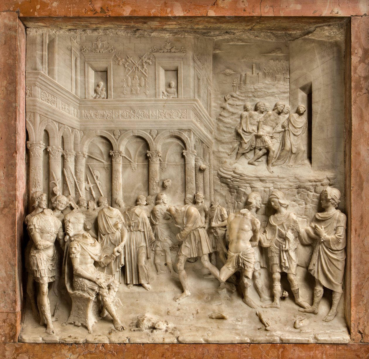 Krypta, Ark of Saints Marcellinus a Peter Exorcista, Benedetto Briosco 1506-08, Santi Mercellino a Peter před soudcem od Benedetto Briosco