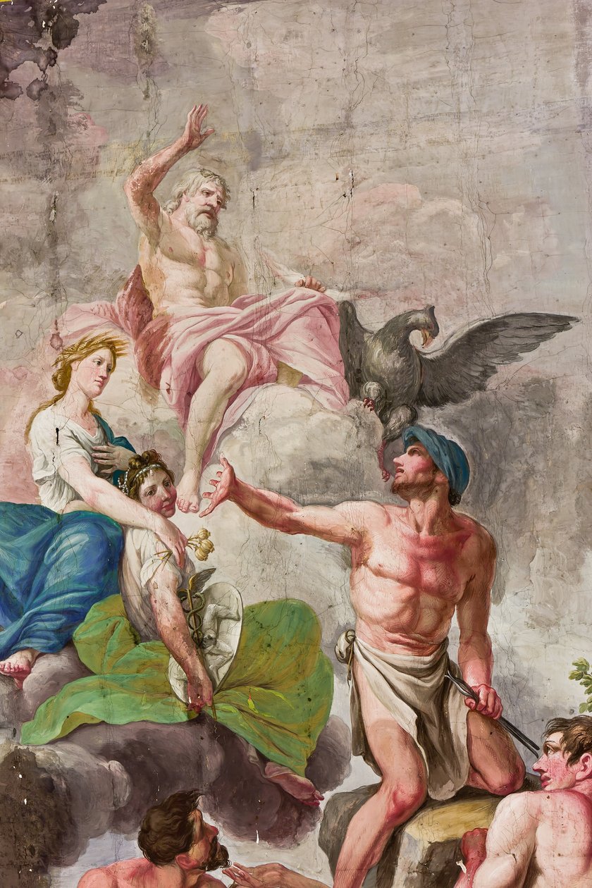 Alegorické zobrazení Olympu s Jupiterem, Ceresem a Vulkánem, detail Apoteózy práce, zemědělství, umění a věd (freska) od Benedetto Cotarti