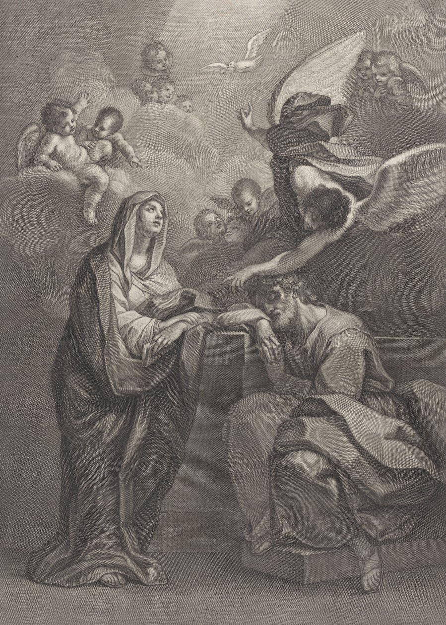 Deska 6: Sen svatého Josefa s Pannou Marií vlevo a andělem nahoře, který ukazuje ..., 1777 od Benedetto Eredi