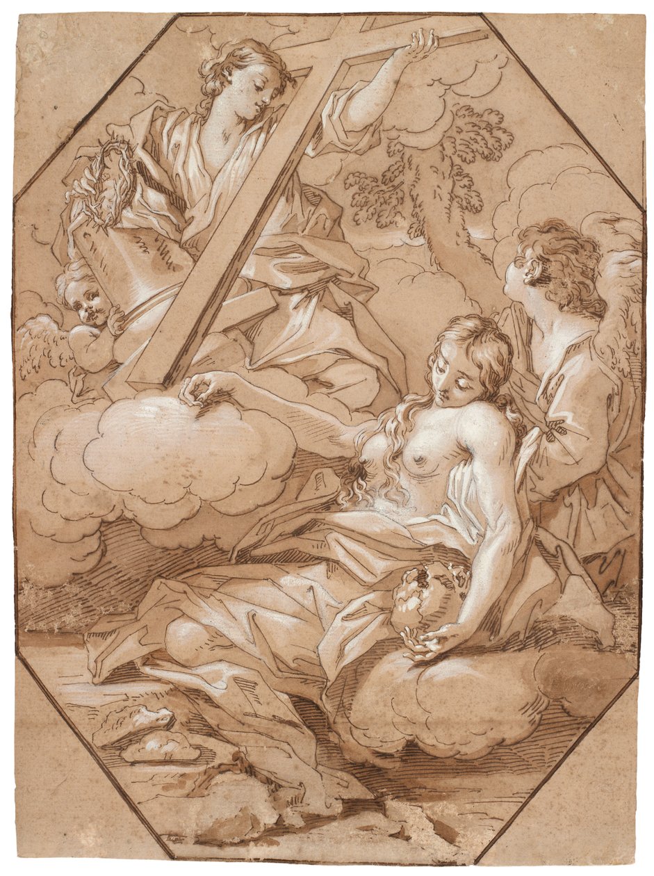Extáze svaté Máří Magdalény, kolem 1715-19 (pero a inkoust s hnědým lavírováním, zesílený bílou, s osmihrannými orámovacími liniemi hnědého inkoustu na položeném papíře) od Benedetto Luti