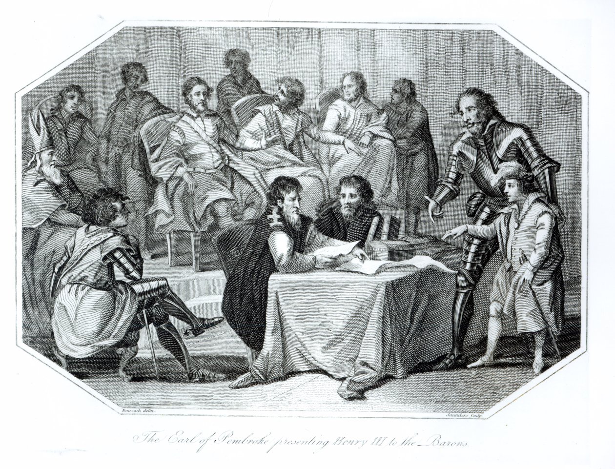 Hrabě z Pembroke představuje Jindřicha III. (1207-72) baronům, 1216 vyrytý Saundersem od Benezach