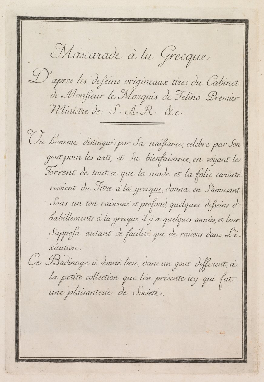 Řecká maškaráda: Deska titulní strany 1, 1771. od Benigno Bossi