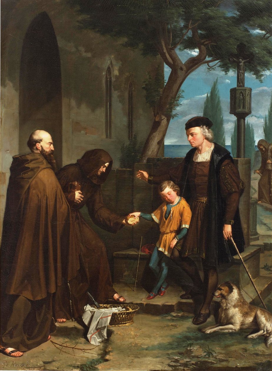 Kolumbus u dveří kláštera Santa Maria de la Rabida žádá chléb a vodu pro svého syna, 1858 od Benito Mercade y Fabregas