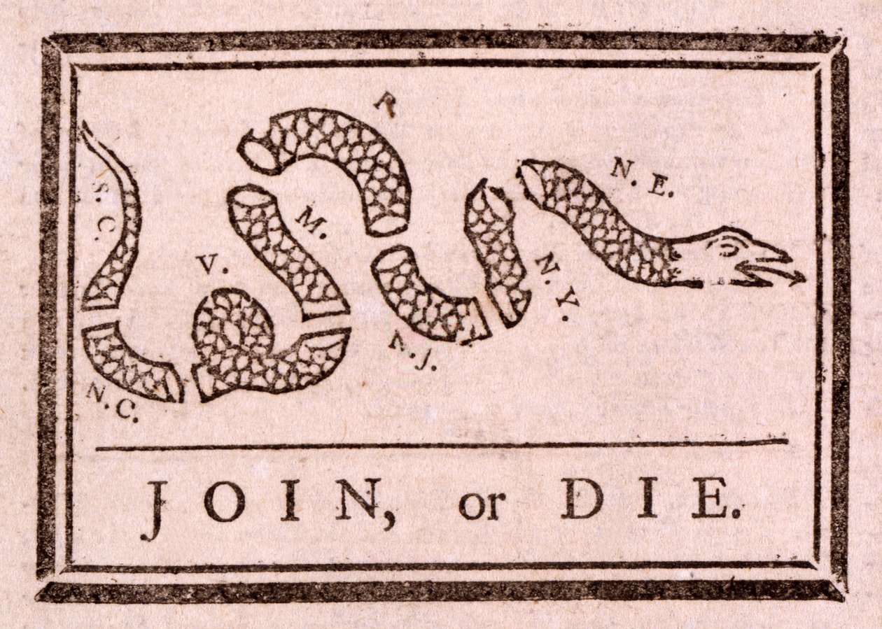 Join, or Die, pub. 1754 od Benjamin Franklin
