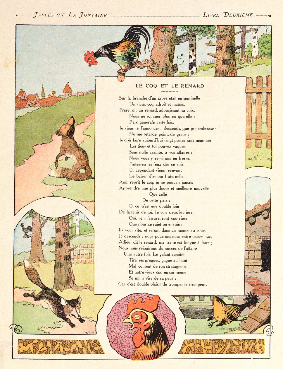 Kohoutek a liška, ilustrace z "Bajky" od Jeana de la Fontaine, vydání 1906 od Benjamin Rabier