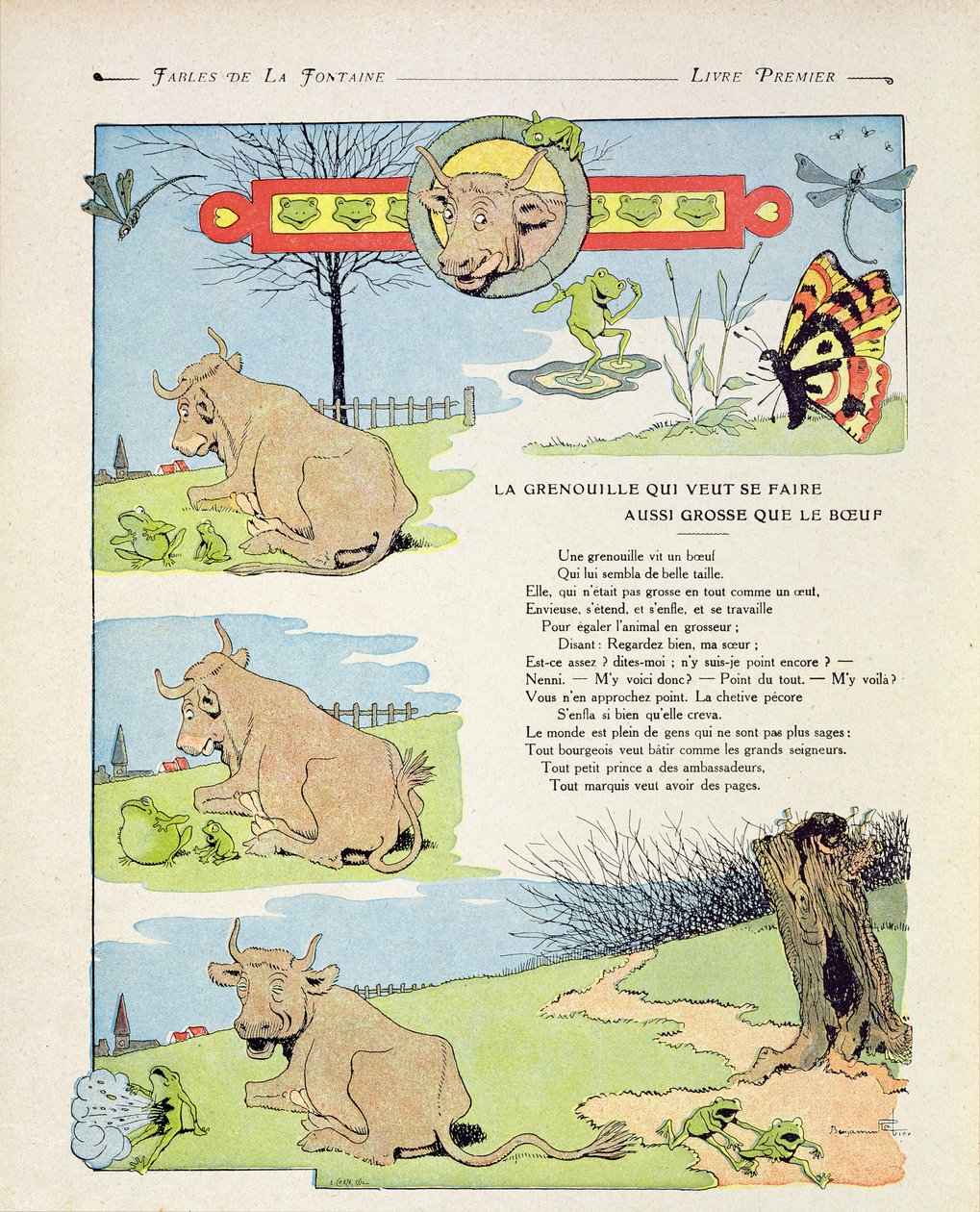 Žába, která chtěla být tlustá jako býk, ilustrace z „Bajky“ od Jean de la Fontaine, vydání z roku 1906 od Benjamin Rabier