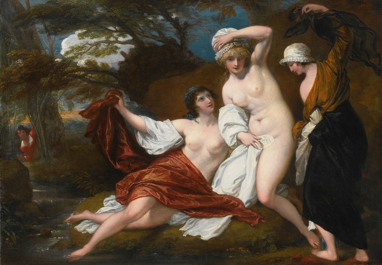 Musidora a její dva společníci, Sacharissa a Amoret, ve své lázni, kterou Damonn od Benjamin West