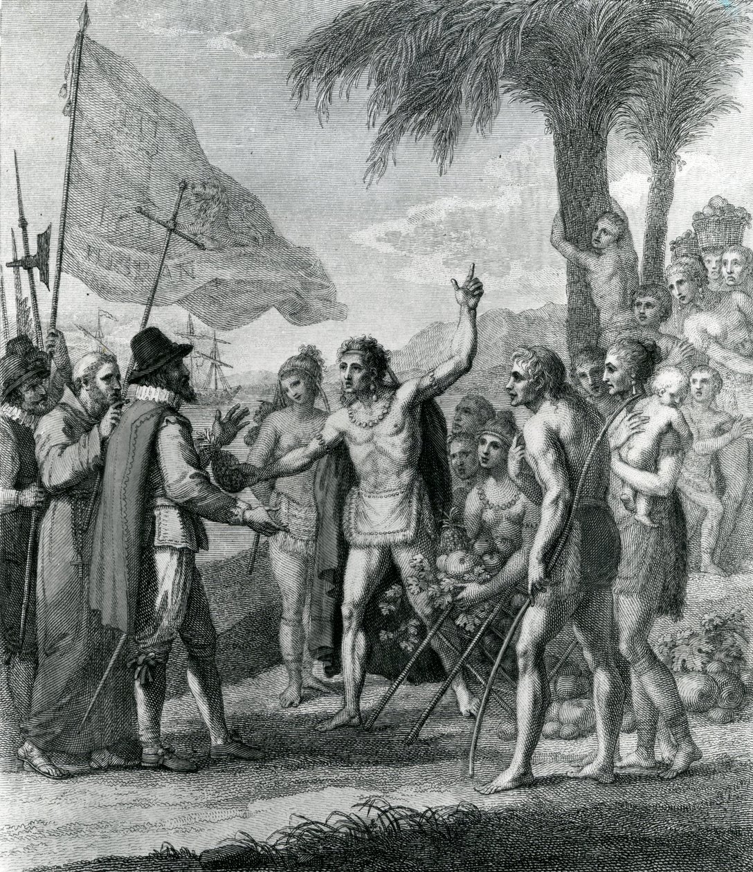 Oslovení indiánského káči z ostrova Kuba ke Kolumbovi (1451-1500) ohledně budoucího státu, frontispis knihy "The History, Civil and Commercial of the British Colonies in the West Indies", autor Bry od Benjamin West