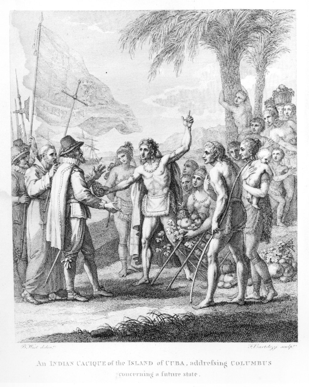 Indický Cacique z ostrova Kuba oslovující Kolumba (1451-1500) ohledně budoucího státu, průčelí k „Historie, civilní a obchodní britských kolonií v Západní Indii“ od Bry od Benjamin West