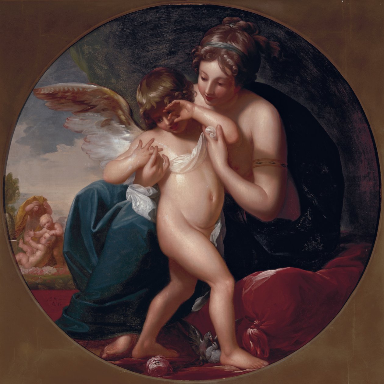 Amor, bodnutý včelou, je milován svou matkou, 1774 od Benjamin West