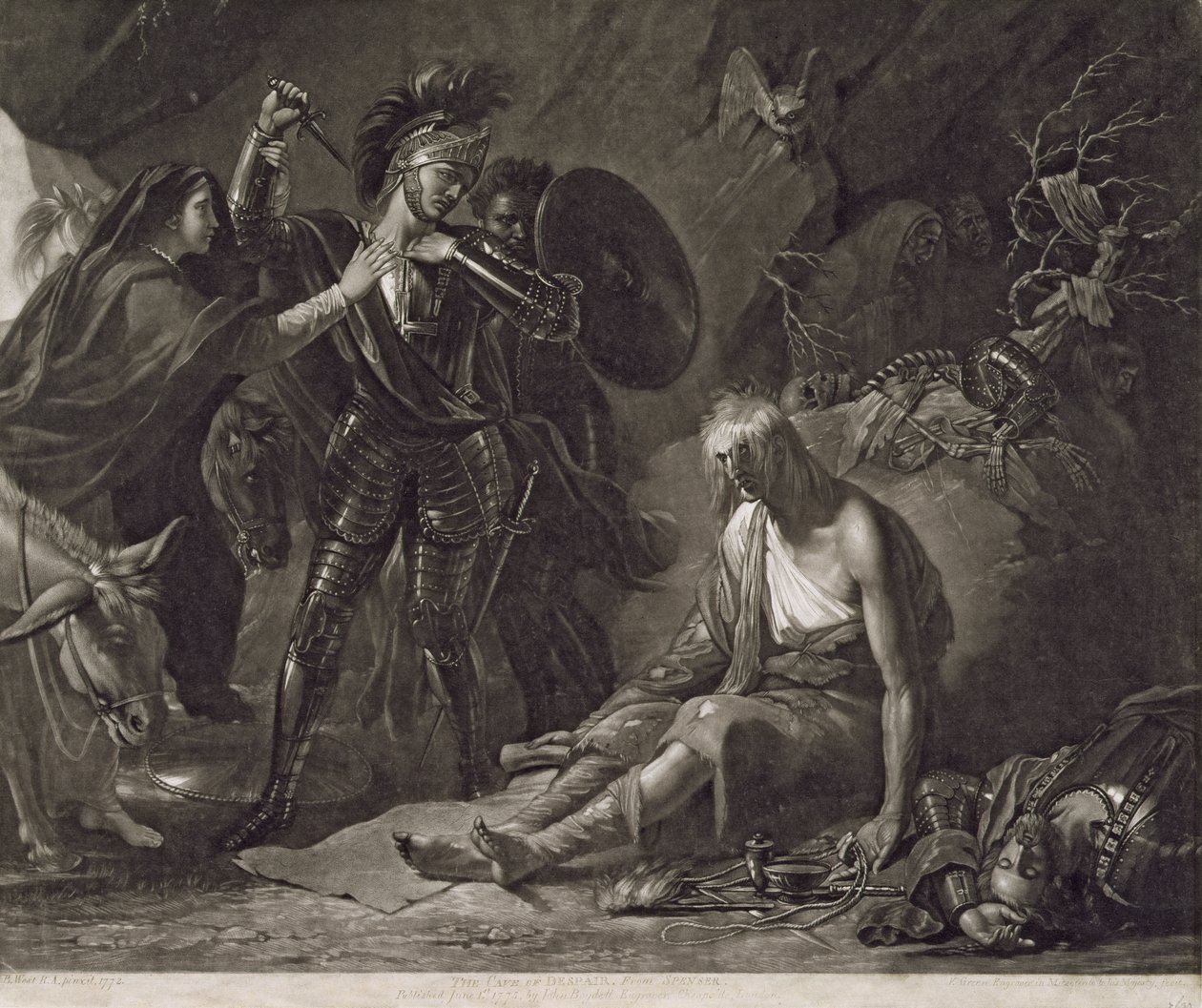 Jeskyně zoufalství, od Spensera, vyryla Valentine Green (1739-1813) 1775 (mezzotinta) od Benjamin West
